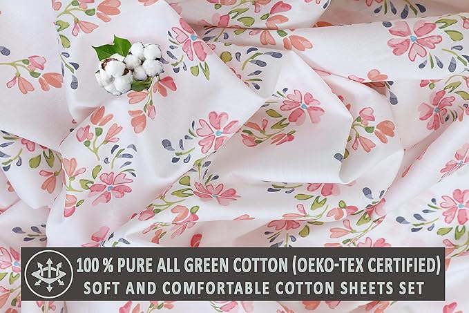 RUVANTI 100% Cotton Sheets – Full Size Percale Bedding, Cooling & Breathable Floral Design, Durable with a Crisp, Soft & Comfortable Feel, 16" Deep Pocket, 4-Piece Set, Bloomex