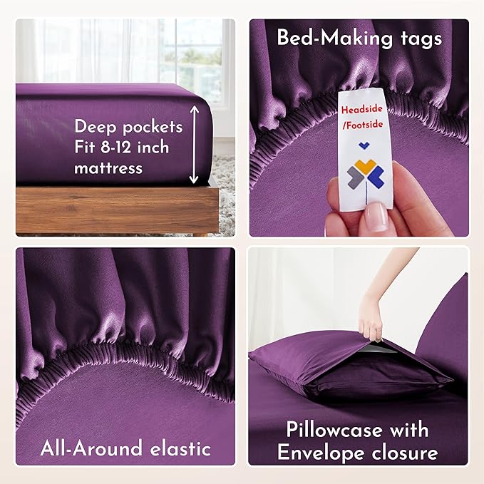 California Design Den 12" Pocket Bed Sheets Twin Size Set - Natural 100% Cotton Sheets, Soft Sateen Weave, All Around Elastic, Breathable and Durable Bedding - Purple Passion