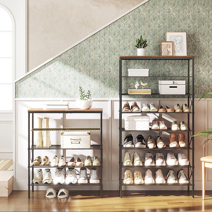 YATINEY 5-Tier Shoe Rack, Shoe Storage for Entryway and Closet, Free Standing Shoe Organizer with Metal Mesh Shelves, 16-20 Pairs of Shoes, Rustic Brown and Black SS05BR - Image 6