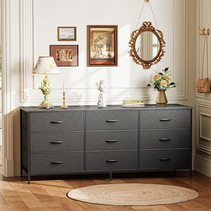 Huuger 9 Drawer Dresser, 55 Inch TV Stand for 55, 60 Inch TV, Entertainment Center with Drawers, Large Storage Fabric Dresser for Bedroom, Closet, Black