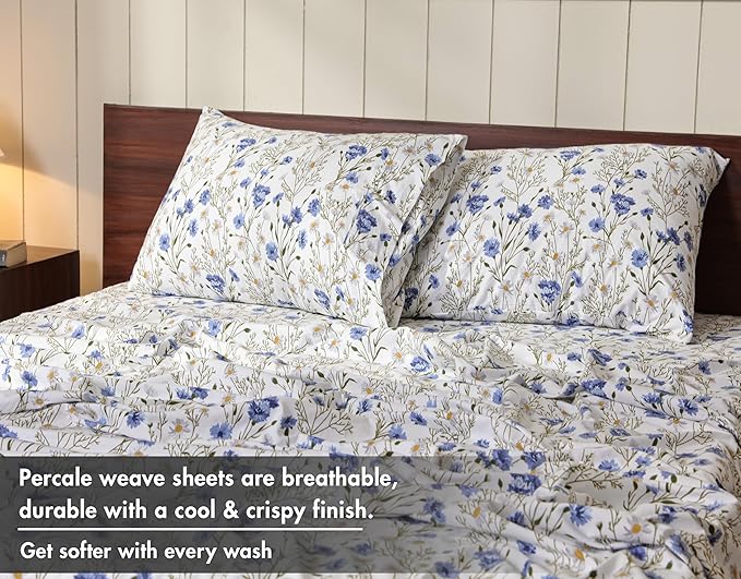 RUVANTI 100% Cotton Sheets – Split King Size Percale Bedding, Cooling & Breathable Floral Design, Durable with a Crisp, Soft & Comfortable Feel, 16" Deep Pocket, 5-Piece Set, Sweet Pea