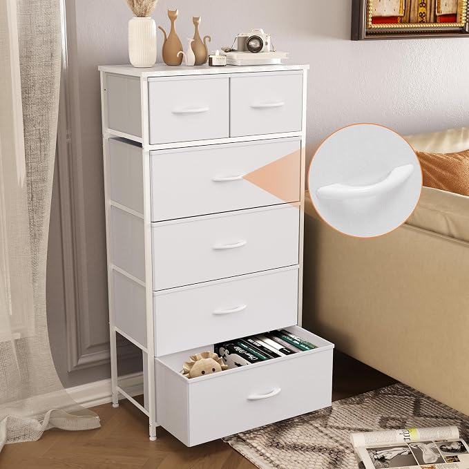 Fabric Dresser for Bedroom, Tall Skinny Dresser with 6 Drawers, Storage Organizer Tower, Steel Frame Wooden Top for Closet, Living Room, Hallway(White) - Image 5