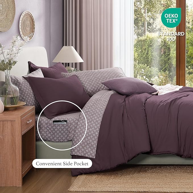 Monbix King Size Comforter Set - 7 Pieces ltalian Plum Prewashed Bed in a Bag King Bedding Sets with Comforters, All Seasons Ultra Soft Comforter Bed Set with Sheets,Pillowcases & Shams
