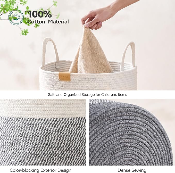 Nunsino Laundry Hamper 62L,Large Laundry Basket for Clothes,Decorative Storage Basket for Blankets,Cotton Rope Woven basket for bedroom,Grey White - Image 5