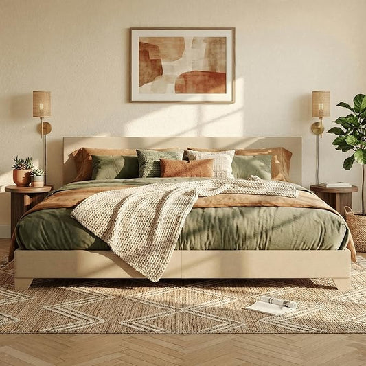 SHA CERLIN Upholstered King Size Bed Frame with Adjustable Headboard, Stable Mattress Foundation, Strong Back-Support, No Box Spring Needed, Beige