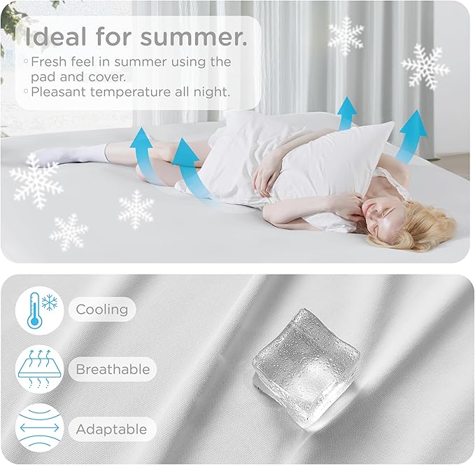 KUB Mattress Topper&Cooling Mattress Protector Bed Fitted Sheet Set, Deep Pocket&4 Elastic Bands, Triple Anti-Slip, Back Pain Relief, Breathable Soft 2 inch Mattress Pad Cover (White, Twin)
