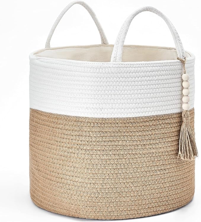 Mkono Woven Storage Basket Decorative Natural Rope Basket Wooden Bead Decoration for Blankets,Toys,Clothes,Shoes,Plant Organizer Bin with Handles Living Room Home, 16" Wx13.8 L, Cream White and Brown by Mkono
