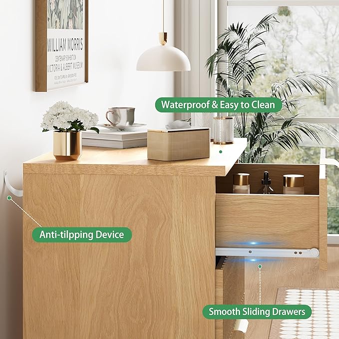 Fluted Dresser for Bedroom with 3 Drawers, 24" Wide Modern Chest of Drawers with Metal Handle, Wooden Dresser TV Stand, Wood Closet Clothes Storage Organizer for Living Room, Hallway, Natural Oak