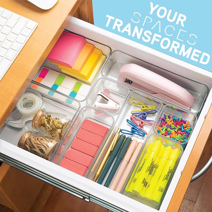 primebox Eight Piecs. Plastic Clear Drawer Organizers for Bathroom, Kitchen, Bedroom, Office Organizer Bins, Storage Trays. Heavy Duty, Stackable 4 Sizes - Image 2