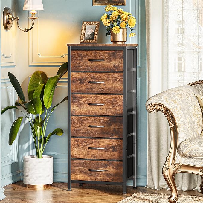 Huuger 43.3 Inch Tall Dresse for Bedroom, 6 Drawer Dresser & Chests of Drawers, Fabric Dresser for Closet, Bedroom, Night Stand, End Table with Metal Frame, Storage Tower, Rustic Brown - Image 6