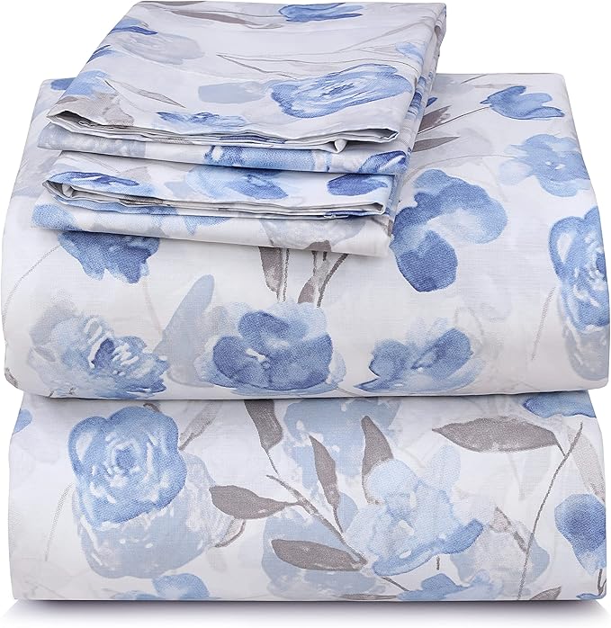 RUVANTI 100% Cotton Sheets – Full Size Percale Bedding, Cooling & Breathable Floral Design, Durable with a Crisp, Soft & Comfortable Feel, 16" Deep Pocket, 4-Piece Set, Monotones