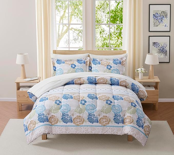 Floral Comforter Set Queen with Sheets Bed in a Bag – Deep Pocket Fitted Sheet with Elastic Corners, Cozy Comforter, Pillowcases & Shams – Soft Microfiber All Season Bedding – Machine Washable