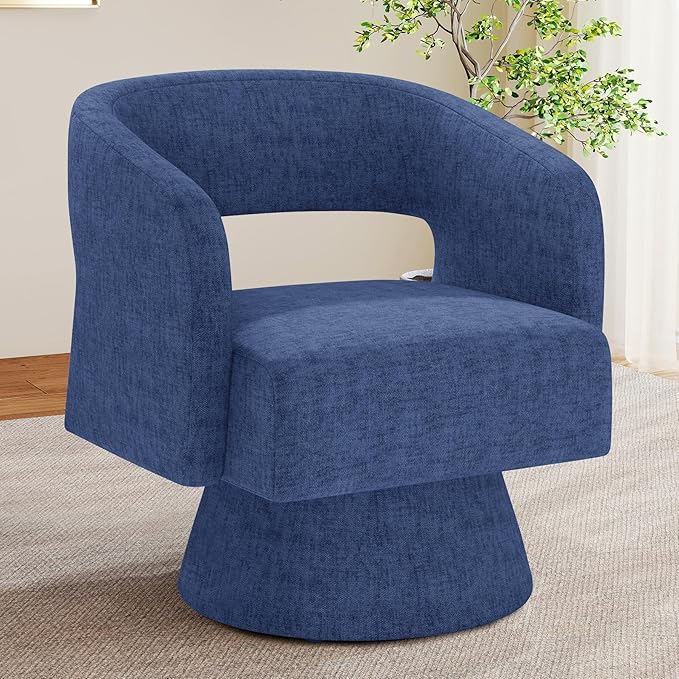Nebuaegis Swivel Accent Chair, Modern Comfy Chenille Barrel Chairs, Oversized Upholstered Round Arm Chair for Living Room, Bedroom, Reading Room, Blue, 1 PCS