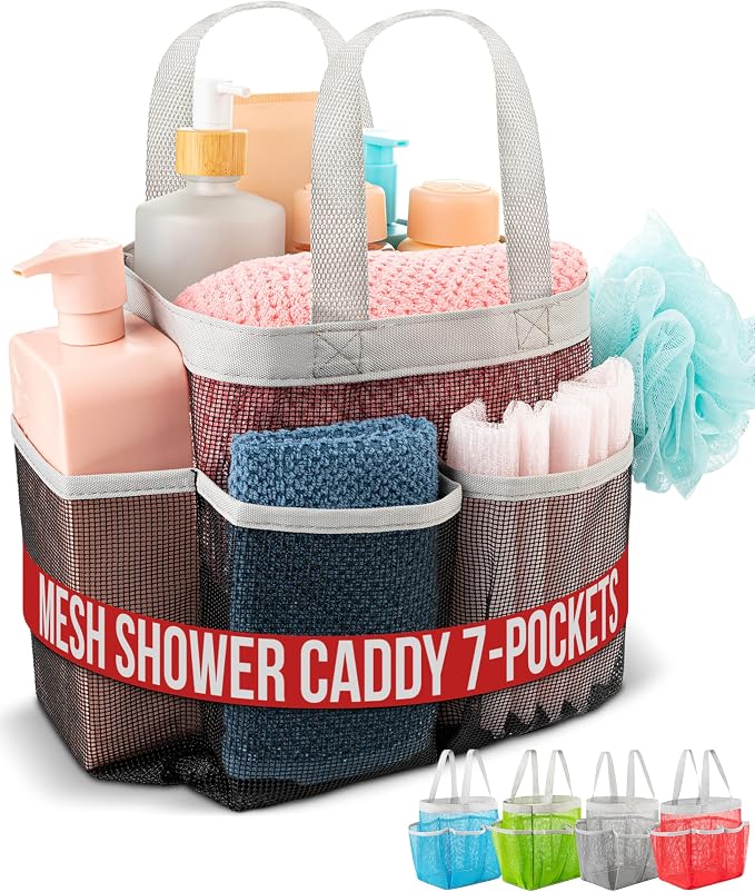 Handy Laundry Mesh Shower Caddy – 7 Pocket Portable Organizer Tote for College Dorm, Gym, Travel & Bathroom – Quick Dry, Collapsible, Lightweight Bag with Reinforced Handles (Black) by Handy+Laundry
