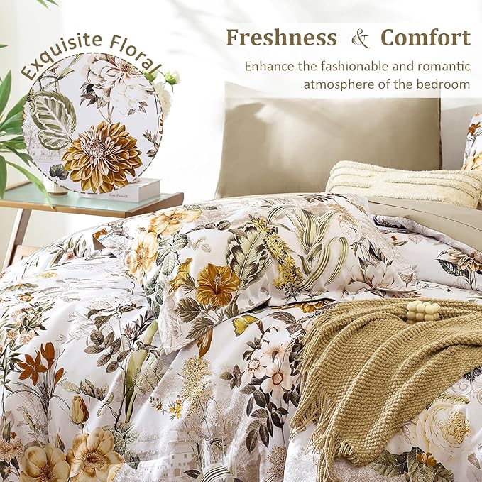 WONGS BEDDING 7 Pieces Bed in a Bag, Brown Comforter Set Queen Size, Colorful Botanical Flowers Leaves Pattern Bedding Set with Comforter, Sheets, Pillowcases & Shams