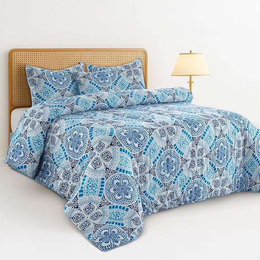 LUX Décor Reversible 5pc Queen Comforter Set, Printed Bedding Set, All-in-One Bed in a Bag, Includes 1 Comforter, 2 Pillow Shams, 1 Decorative Pillow & 1 Bed Skirt (Aztec Sky,Queen)