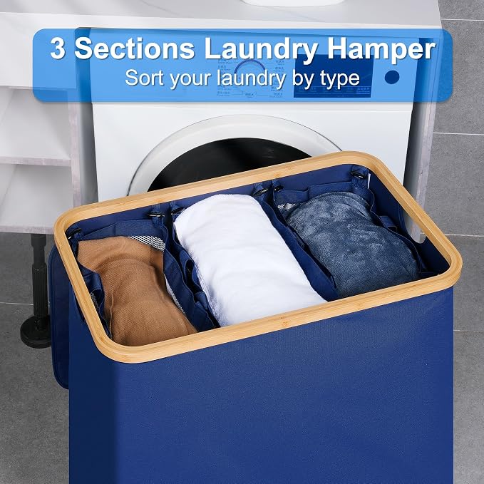 efluky Laundry Hamper with Lid, Trio Laundry Hamper with 3 Removable Bags, 3 Section Laundry Basket with Bamboo Handles for Bathroom, Bedroom & Laundry Room, 160L Blue - Image 5