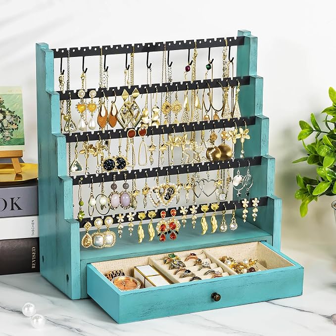 Pinzoveco Earring Organizer, 5 Layer Earring Holder Organizer with Necklace Holder Pole, Rustic Wood Jewelry Organizer Stand Display for Stud Earring Bracelet Necklace Ring, 175 Earring Holes - Image 2