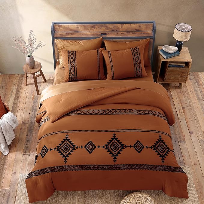 MaiRêve Super King Comforter Set Burnt Orange, Embroidery Western Boho Bedding Set 7 Pieces, All Season Farmhouse Bed in A Bag Comforter Set with Sheets, Pillowcases & Shams