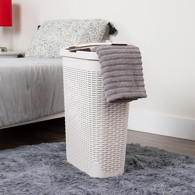 Mind Reader Slim Laundry Hamper with Lid, 40L Clothes Basket, Narrow Tapered Design with Ventilated Cutout Pattern, Plastic, Ivory - Image 2