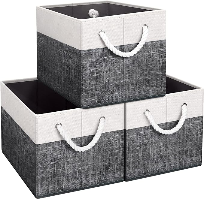 Fab totes Storage Bins [3-Pack], Foldable Storage Baskets for Organizing Toys, Books, Shelves, Closet, Large Storage Box with Rope Handles, Sturdy Organizer Bins, White & Black by Fabtotes