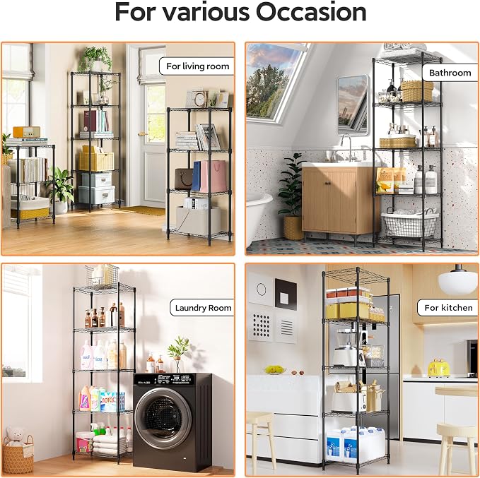 M MZG 5 Tiers Shelf Metal Storage Shelves Wire Rack Closet Organizers with Wheel for Garage Kitchen Bathroom Laundry Black 11.8" D x 17.7" W x 55" H - Image 6