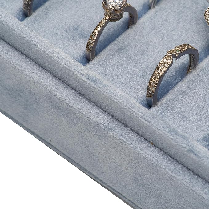 Velvet Ring Organizer Display Tray Jewelry Box Earring Holder Case for Wedding Birthday Christmas Day (Light Ocean Blue) - Image 3