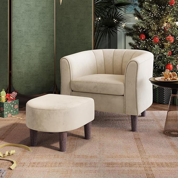 LINSY Accent Chair with Ottoman, Modern Armchair Comfy Barrel Reading Chair with Footrest for Living Room Bedroom Reading Room, Velvet, Beige