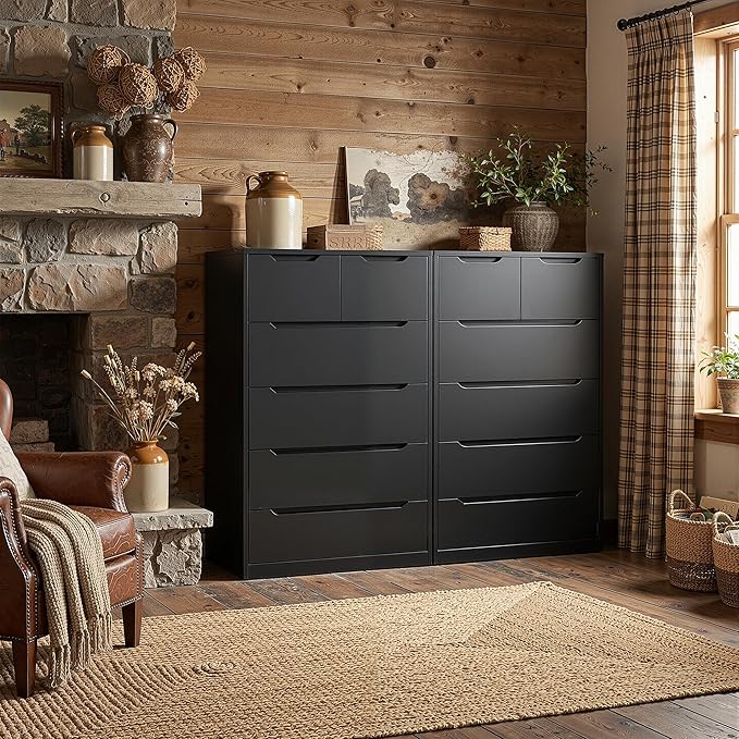 Romorgniz Dresser for Bedrom with 6 Large Drawers, Tall Chest of Drawers Modern Wooden Dresser for Living Room, Entryway, Hallway, Black, 43.2" H X 27.6" W X15.6 D