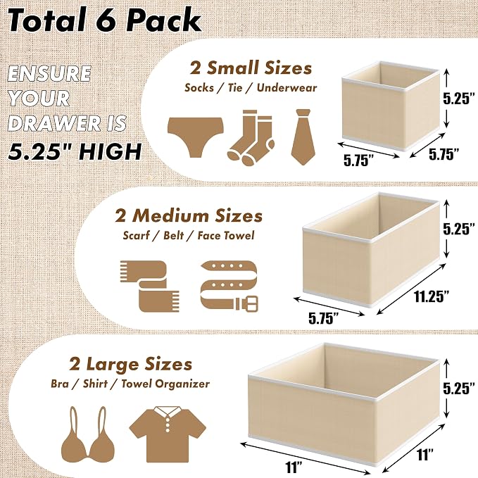 Simple Houseware Underwear Drawer Organizer for Lingerie/Undergarment/Bra/Panty/Sock/Onesie, Set of 6, Beige - Image 2