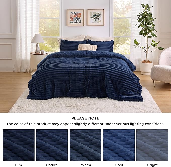 Bedsure Comforter Set Queen Size - GentleSoft™ 3 Pieces Double-Side Fleece Fluffy Navy Blue Comforter Set, Cozy Striped Room Decor Aesthetic, Luxury Bedding Queen Size, 2 Pillowcases, 90x90 Inches