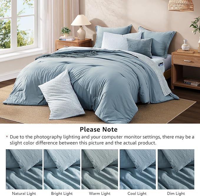 Monbix King Size Comforter Set - 7 Pieces Dusty Blue Prewashed Bed in a Bag King Bedding Sets with Comforters, All Seasons Ultra Soft Comforter Bed Set with Sheets,Pillowcases & Shams