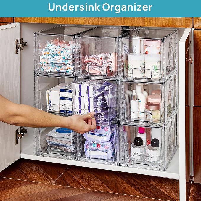 Vtopmart 6 Pack Large Stackable Storage Drawers,Easily Assemble Acrylic Bathroom Closet Undersink Organizers and Storage,Plastic Bins for Kitchen Cabinets,Pantry,Makeup,Medicine Organization - Image 3