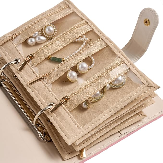 Travel Jewelry Case Organizer PU Leather Jewelry Storage Book Ring Binder with Zipper Velvet Jewelry Pouches Bags for Rings,Necklace,Bracelet - Pink - Image 4