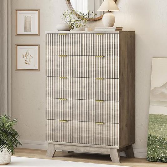 Xixini Fluted Dresser for Bedroom with 6 Drawers, 46" Tall Modern Chest of Drawers with Metal Handle, Wooden Dresser TV Stand, Wood Closet Clothes Storage Organizer for Living Room, Hallway, Grey