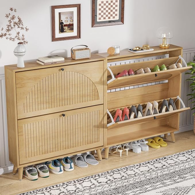 Fsbecl Shoe Storage Cabinet for Entryway with 2 Flip Drawers, Narrow Wood Shoe Cabinet with Fluted Panel, Freestanding Hidden Shoe Organizer for Foyer, Hallway (Wood Color - No Shelf) - Image 5