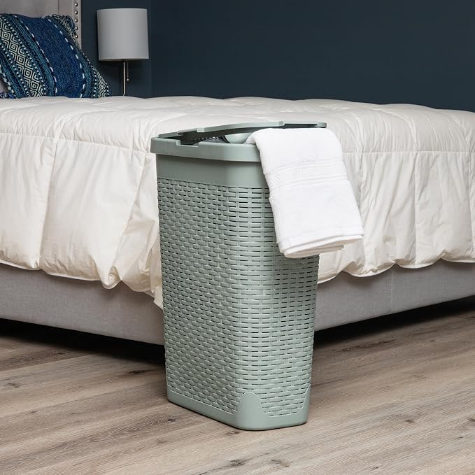 Mind Reader Slim Laundry Hamper with Lid, 40L Clothes Basket, Narrow Tapered Design with Ventilated Cutout Pattern, Plastic, Mint - Image 2