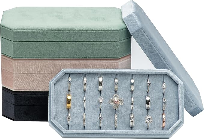 Velvet Ring Organizer Display Tray Jewelry Box Earring Holder Case for Wedding Birthday Christmas Day (Light Ocean Blue) - Image 7