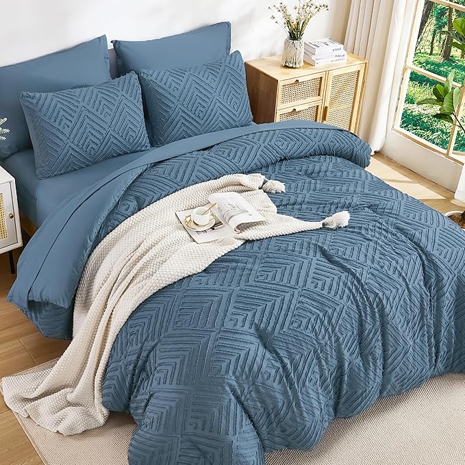 Andency Super King Plus Comforter Set Ocean Blue - 7 Pieces Bed in a Bag Oversized King Bedding Sets, Boho Tufted Lightweight Fluffy Bed Set with Comforter, Sheets, Pillowcases & Shams