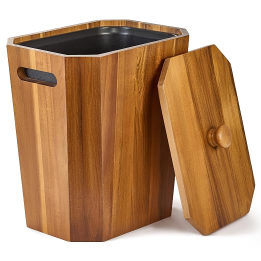 BLUEWEST 2.6 Gallons Acacia Wooden Wastebasket with Lid & PP Liner – Small Trash Can for Bathroom, Bedroom, Office – Decorative Wood Bin with Handle for Under Counter Use by BLUEWEST