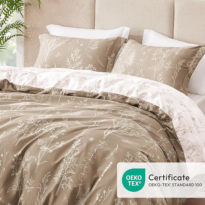 Love's cabin Light Taupe Comforter Set Queen - Queen Size Comforter Set, 3 Pieces Cute Floral Bedding Sets for All Seasons,1 Soft Reversible Botanical Flowers Comforter and 2 Pillow Shams