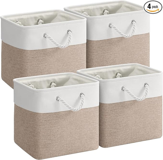 12 x 12 Inch Cube Storage Bins, 4 Pack Fabric Storage Basket with Handles, Foldable Boxes Organizer for Shelf Baskets for Home, Clothes (White/Khaki) by VQRTEXAStorageBasket