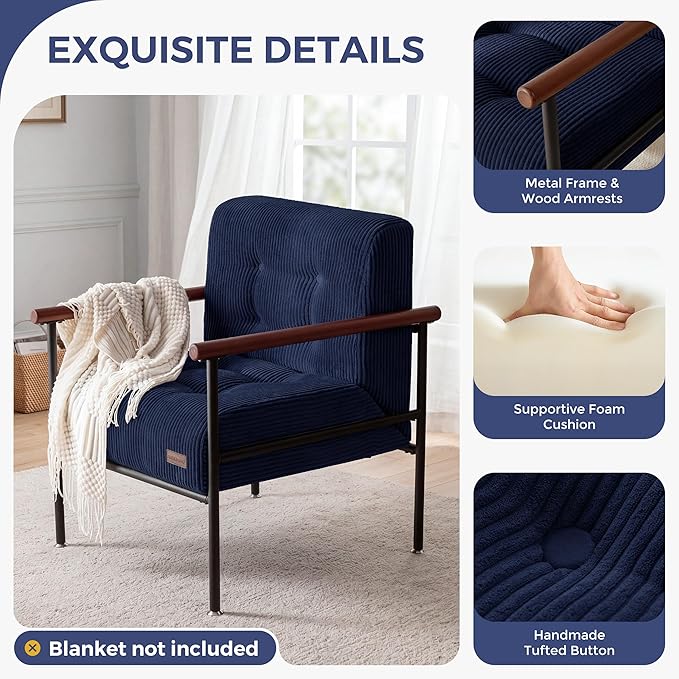 MAXYOYO Living Room Accent Chair, Modern Chair with Sturdy Metal Frame & Wood Armrests, Upholstered Reading Chair with Upholstered Cushion for Bedroom Balcony Porch, Navy