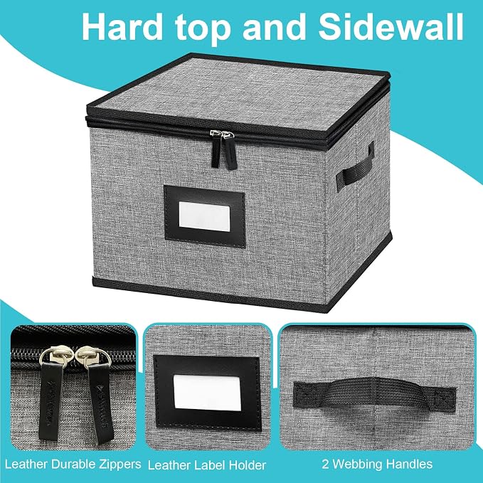 China Storage Containers-4PACK Quilted Dish Storage Containers with Lid Hard Shell for Moving Transport, Dinnerware,Stackable Plate Storage,24 Felt Plate Dividers Included,12 * 12 * 8in - Image 3