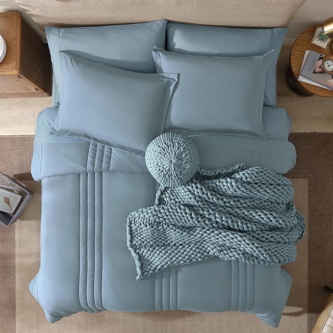 Monbix Full Comforter Set - 7 Pieces Dusty Blue Bed in a Bag Full Size Bedding Sets with Comforters, All Seasons Comforter with Sheets, Pillowcases & Shams