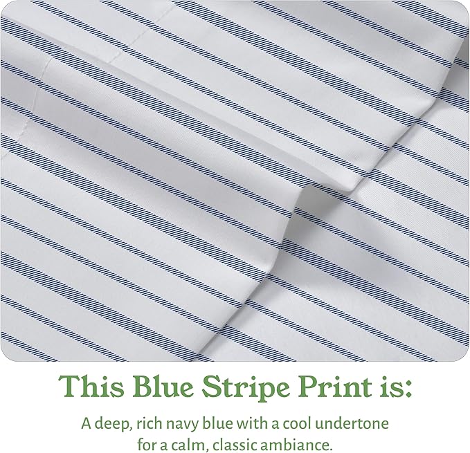 California Design Den Blue Stripe Sheets, 100% Organic Cotton Percale Sheets, Deep Pocket Twin XL Sheets & Pillowcase Set - Blue Stripe