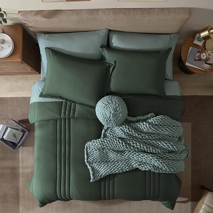 Monbix Queen Comforter Set - 7 Pieces Deep Forest Bed in a Bag Queen Bedding Sets with Comforters, All Seasons Comforter Bed Set with Sheets, Pillowcases & Shams