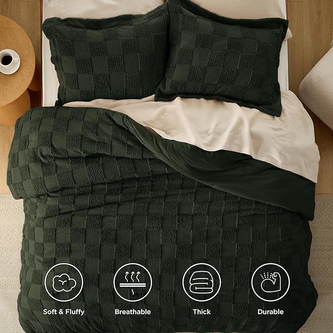 Bedsure King Size Comforter Set Dark Olive Green, Boho Tufted Bed Set, Checkered Farmhouse Shabby Chic Bedding, 3 Pieces, 1 Plaid Geometric Comforter and 2 Pillow Shams