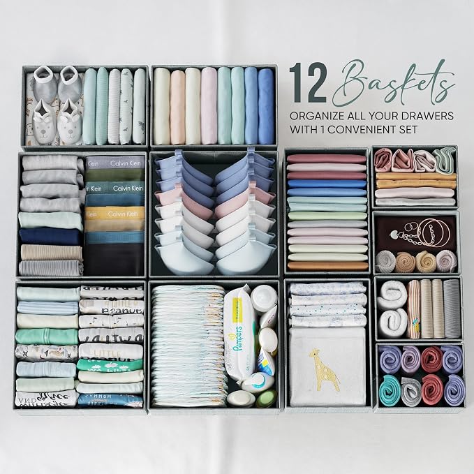 Drawer Organizer Clothes Set of 12 Grey - Dresser Organizer For Nursery, Bedroom, Closet - The Perfect Baby Clothes Organizer and Storage & General Nursery Organization or Dresser Drawer Organizers - Image 3