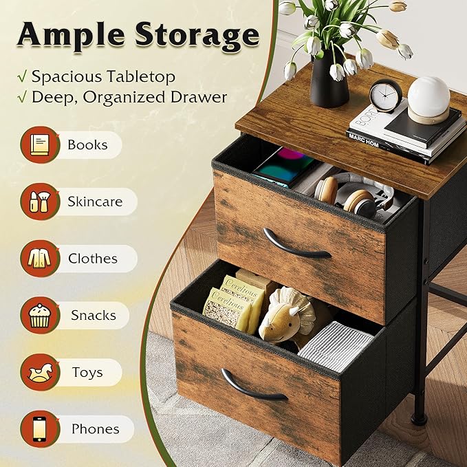 WLIVE Night Stand Set of 2, Small Dresser with 2 Drawers & Wooden Top, Nightstand with Fabric Bins, Bedside Table End Table for Bedroom, Closet, Entryway, College Dorm, Rustic Brown